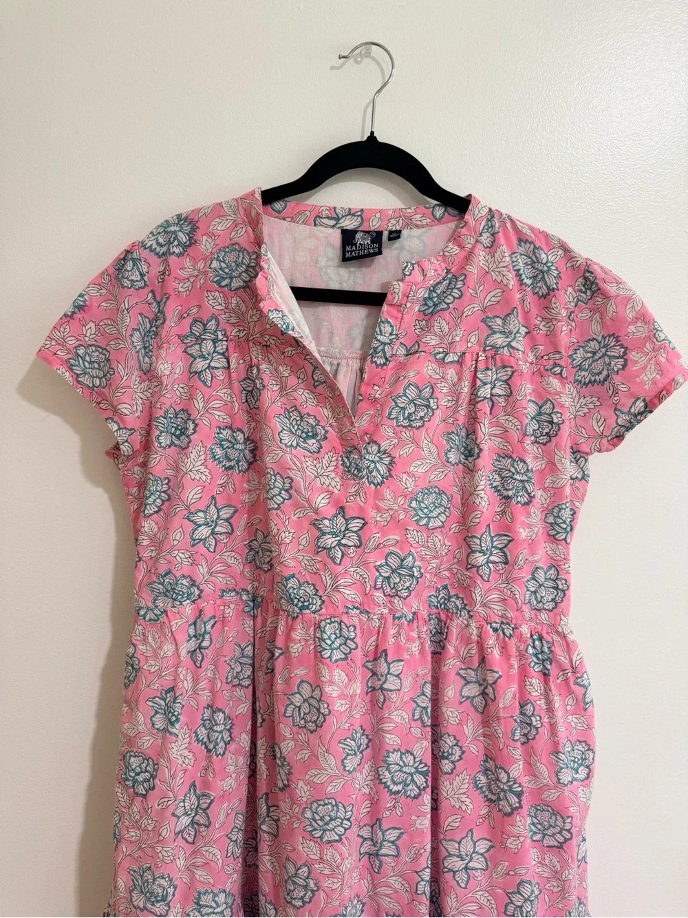 Madison Mathews Pink Floral Block Print Tiered Mini Dress XL 100% Cotton